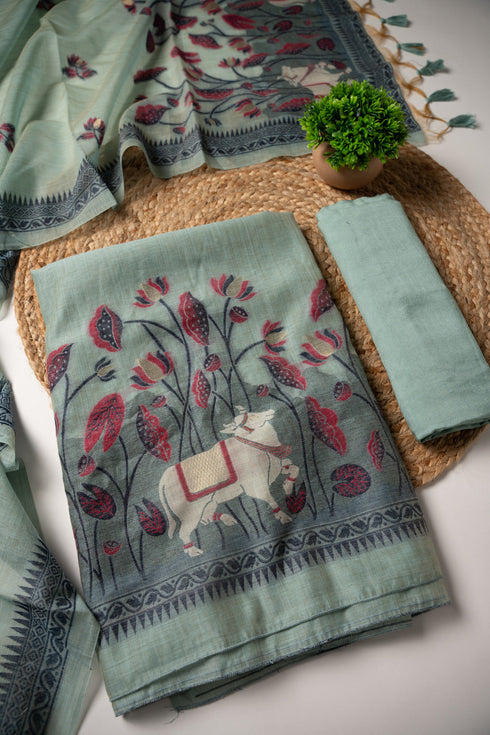 Celestial Cotton Sky Blue Jamdani Muga Cotton Unstitched Suit Set